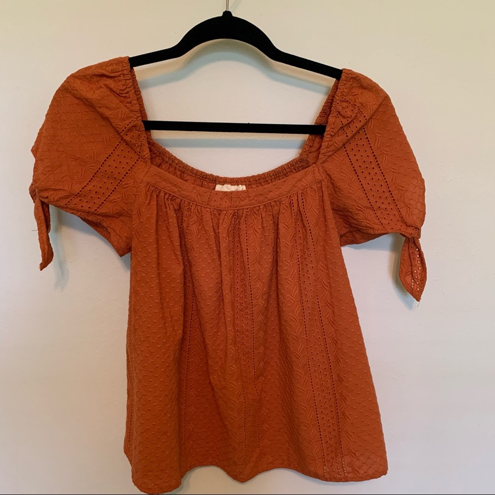 Puff Sleeve Cap Sleeve Burnt Orange Eyelet Top